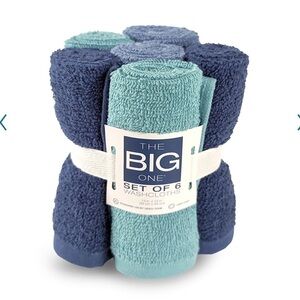 The Big One Washcloths Face Cloths 6 Pack 100% Cotton Blue 13" x 13"